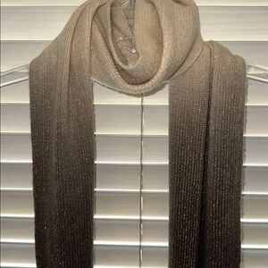 Cejon Tan to Brown Ombre Wool-Feel Knit Scarf w/Fringe and Gold Metallic Yarn
